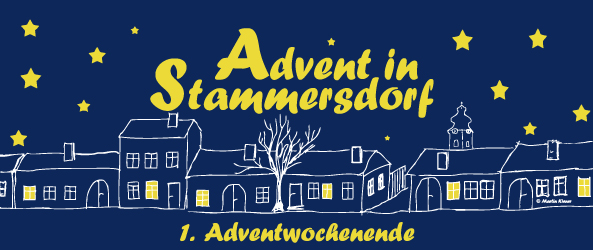 Blaue Werbung mit gelber Schrift zur Ankündigung des Advents in Stammersdorf