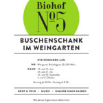 Grünes Logo vom Biohof Nummer5, darunter eine Liste der Buschenschanktermine